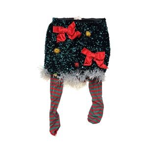 Ugly Christmas Tree Skirt Womens XS Green Sequin Tinsel Elf Legs Costume